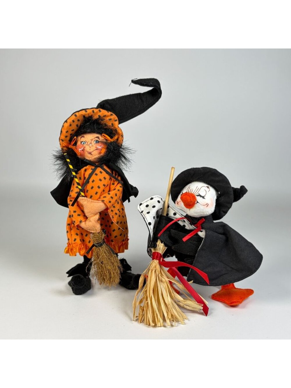 2 Annalee Halloween Dolls Spider Witch & Polka Dot Duck with Brooms 2018 2015